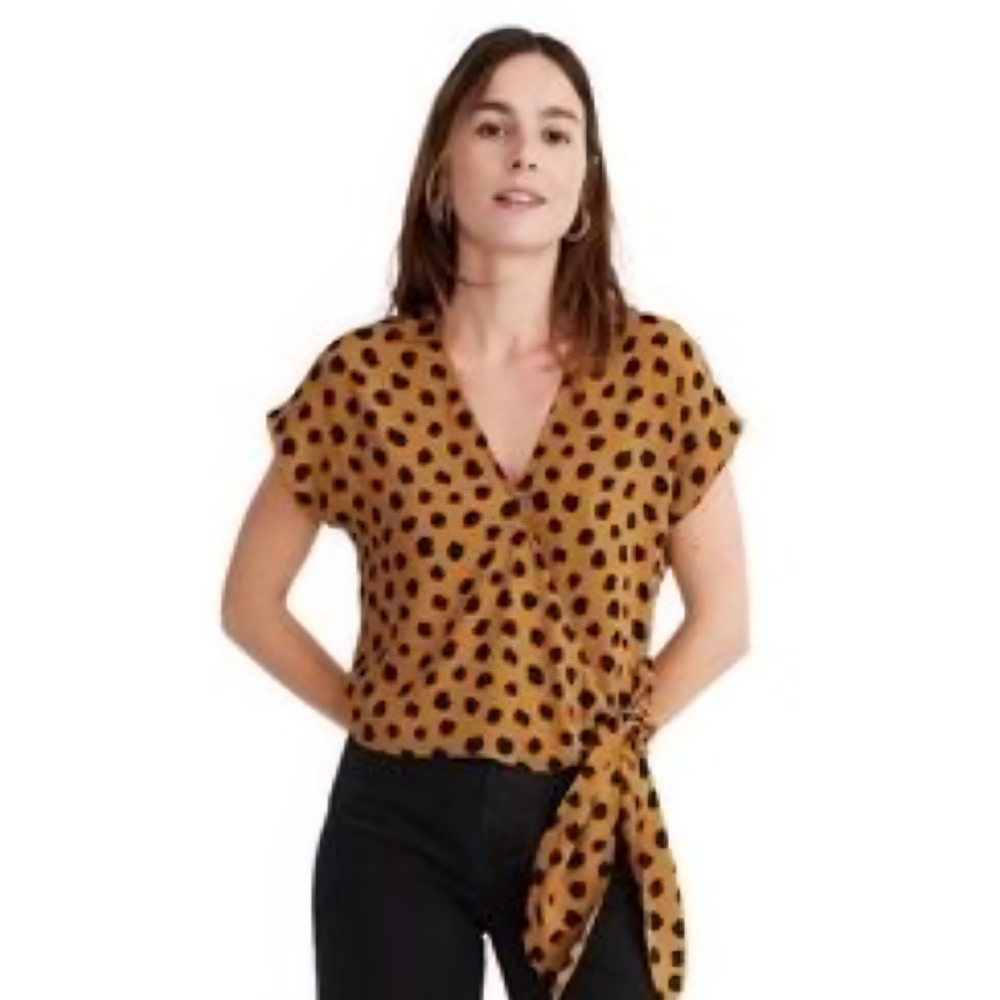 Madewell Brown and Black Dot Wrap Blouse